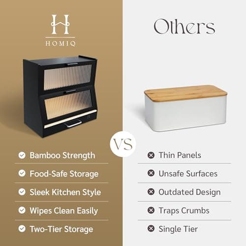 HOMIQ Bread Box for Kitchen Countertop - Bamboo Wood Breadbox with Knife Storage, Ventilation Holes - Farmhouse Loaf Organizer, Versatile 2 Layer Bread Storage Container for Snacks Mugs Spices 5