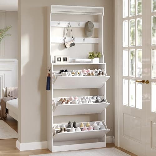Wodeer Tall Shoe Cabinet with Coat Rack, Hidden Shoe Storage Cabinet with Doors & Drawer, Hanging Bar & Hooks, Slim Narrow Freestanding Shoe Rack Organizer for Entryway, Hallway & Living Room, White