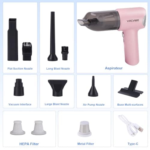 Vacvibe Handheld Car Vacuum Cleaner, 21000PA 4 in 1 Portable Rechargeable Brushless Motor Mini Cordless Car Cleaner, 120W High Power with Multi-Nozzles for Home Office Pet, Present for Girl Women Pink 8