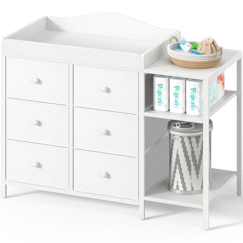 BOLUO Baby Dresser with Changing Table Top, White Changing Table Dresser with 6 Fabric Drawers Diaper Changing Station with Storage Shelf for Nursery Modern