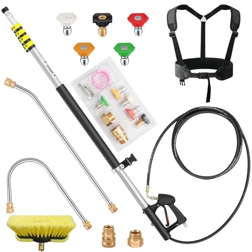 ExtraFein 24 FT Telescoping Pressure Washer Wand Extension, Hot Water Supported Power Washer Extension Wand with Brush Head, 5 Nozzle Tips, 2 Adapters, Harness, Gutter Cleaning Tools from The Ground