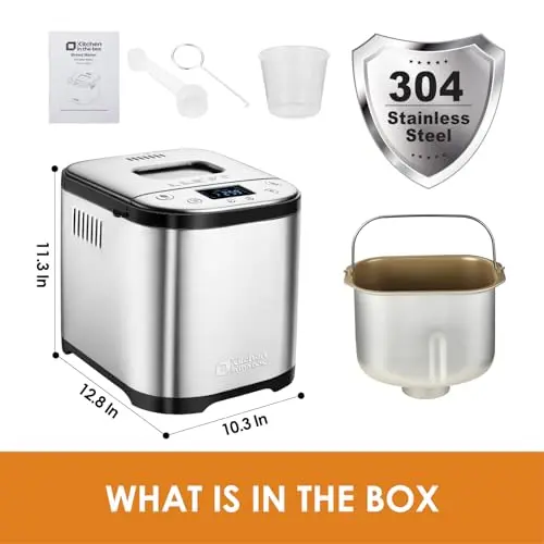 Kitchen in the box Bread Maker Machine with Gluten-Free Setting, 2LB 1.5LB 1LB Automatic Breadmaker with Homemade Cycle, 15-in-1 Stainless Steel Bread Maker with Recipes-Silver 7