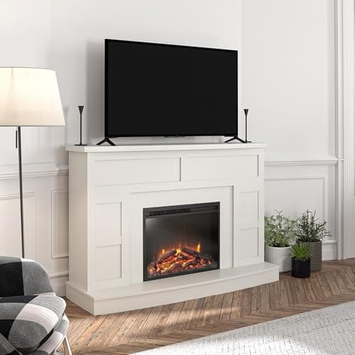 Ameriwood Home Barrow Creek 53.5 Inch Electric Fireplace with Mantel, Replaceable Fireplace Insert Heater, Remote Control, Timer, Realistic Log and Flame Effect, for Living Room or Bedroom, White 8