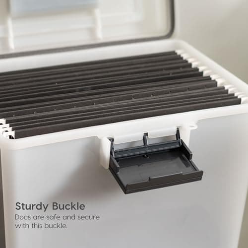IRIS USA File Box WeatherPro Portable File Organizer Plastic File Box for Letter File w/ Organizer-Lid, Durable Lid and Seal w/ Secure Latching Buckles, Stackable and Nestable, Pearl 19 Qt. 1 Pack 6