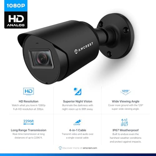 Amcrest Full HD 1080P Bullet Outdoor Security Camera (Quadbrid 4-in1 HD-CVI/TVI/AHD/Analog), 2-Megapixel, 98ft Night Vision, Metal Housing, 3.6mm Lens 90° Viewing Angle, Black (AMC1080BC36-B) 3