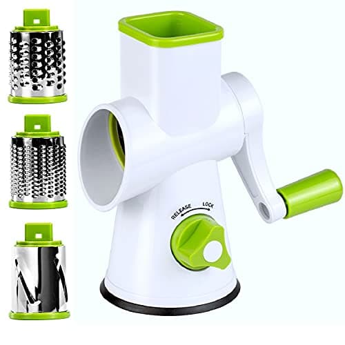 Rotary Cheese Grater - Round Vegetable Mandoline Slicer with 3 Cylinder Stainless Steel Blades, 100% Dishwasher Safe, Super Strong Grip