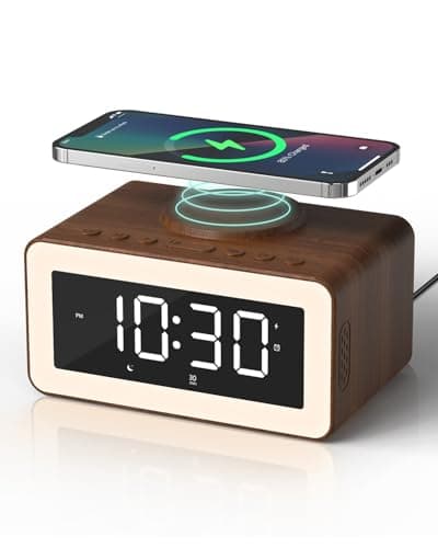 Digital Alarm Clocks for Bedrooms, Bluetooth Speaker, Alarm Clock with Wireless Charging, White/Brown Noise Sound Machine for Sleep with Night Light Wooden Vintage Decor Birthday Gifts for Men, Women