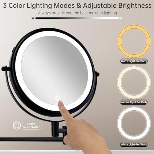 JANEEVA 8" Wall Mounted Lighted Makeup Mirror,Rechargeable Double Sided 1X/10X Magnifying Mirror with 3 Color Lights,Touch Dimmable Bathroom Vanity Mirror with 360°Swivel Extendable Arm Matte Black 5