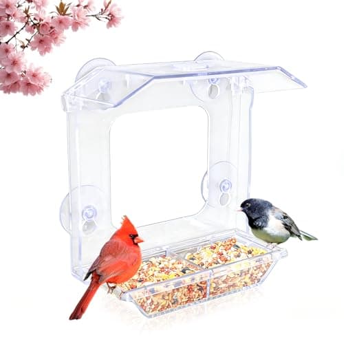 JICYOUP Window Bird Feeder with 4 Extra Strong Suction Cups, Clear Bird Feeder for Outdoor with Dual Seed Tray, Easy to Install & Removable Clean, Durable Wild Birdfeeder for Close-Up Bird Watching