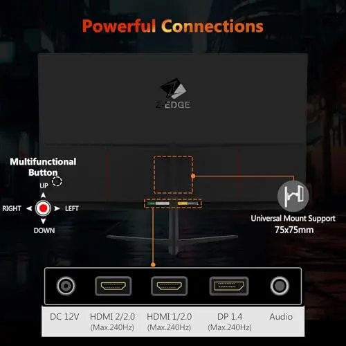 Z-Edge 24.5 inch 240Hz 165Hz 144Hz Gaming Monitor, FHD 1080p, MPRT 1ms, VA Monitor Gaming, 350nits, 16.7M Colors, 5000:1 Contrast, UG25I Frameless Bezel, DP x1, HDMI x2 6