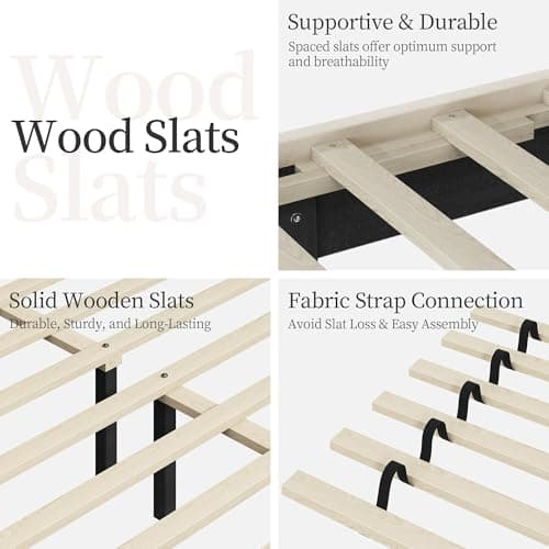 Yaheetech Queen Bed Frame with USB Charging Station and Storage Shelf/Upholstered Headboard Platform Bed with Wing Side/Wooden Slats Support/Noise Free/No Box Spring Needed/Easy Assembly, Beige 8