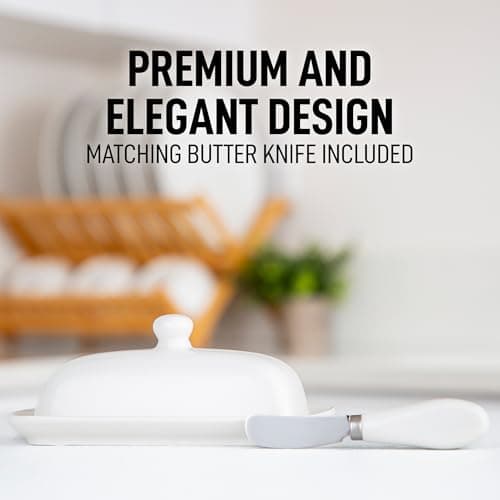 Zulay Kitchen Ceramic Butter Dish with Lid For Countertop & Stainless Steel Knife – Keeps Butter Soft & Fresh – White Butter Dish with Easy-Grip Knob, Durable & Everyday Butter Holder for Home - White 6