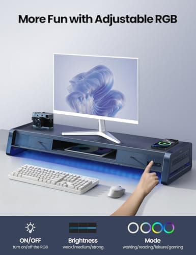 Vaydeer All-in-One Dual Monitor Stand Riser with 2 Drawers, 8USB Ports and Wireless Charging Pad with LED Light Strip for 2 Monitors , Desk Organizer for PC, iMac (Metal, 39.3 inches) 5