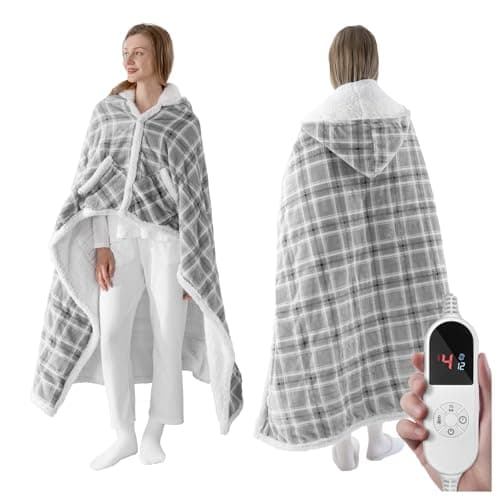 Wearable Electric Blanket Heated Throw, 50" x 60" Fast Heating Wrap Poncho Shawl with Hood & Pockets, 6 Heat Levels & 12 Hours Auto Shut-Off, Machine Washable, ETL & FCC Certified, Grey Plaid
