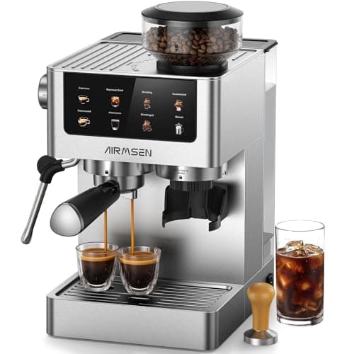 AIRMSEN Espresso Machines with Burr Grinder, 20 Bar, Milk Frother Steam Wand, Stainless Steel Coffee Maker for Home - Cappuccino Latte & ​​Cold Brew​​ Iced Coffee Maker & Americano