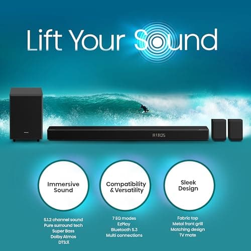 Hisense AX5125H 5.1.2Ch Sound Bar with Wireless Subwoofer, 500W, Dolby Atmos, Bluetooth 5.3, EzPlay, 4K HDMI Pass Through, Roku TV Ready, DTS:X, HDMI/AUX/eARC/Optical/USB (2023 Model) (Renewed) 5