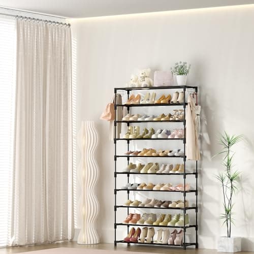 LANTEFUL 10 Tiers Shoe Rack 50 Pairs Large Capacity Tall Shoe Organizer Sturdy Shoe Storage with Two Hooks Space Saving Metal Wide Shoe Rack for Closet, Entryway, Bedroom, Black 7