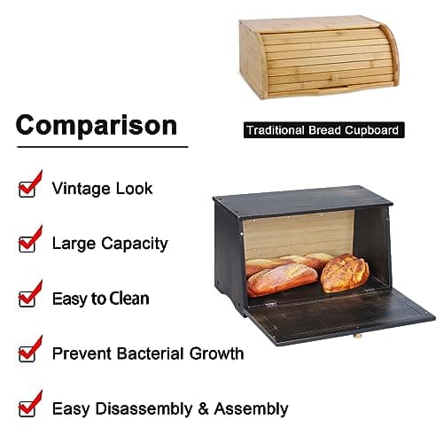 HOMEKOKO Large Wood Bread Box for Kitchen Counter, Retro Design Single Layer Bamboo Large Capacity Food Storage Bin (Vintage Black) 6