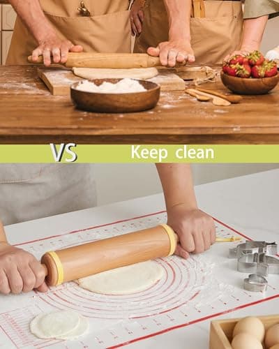 Classic Wood Rolling Pin, 17" Rolling Pins for Baking with Silicone Mat and Adjustable Thickness Rings, Pasta Roller with Wood Base, Fondant Roller for Pie Crust, Cookies, Pizza Dough and Bread 6