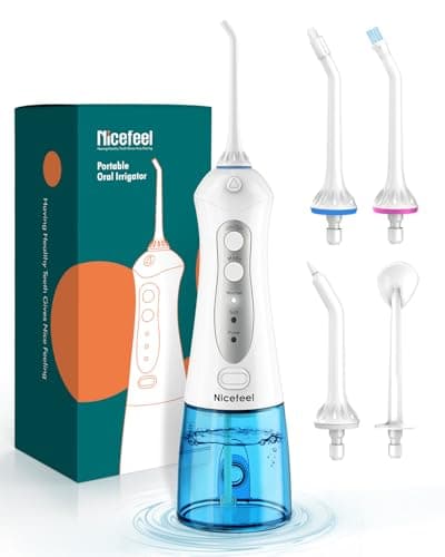 Cordless Water Flosser Teeth Cleaner, Nicefeel 300ML 2 Tip Cases Portable and USB Rechargeable Oral Irrigator for Travel, IPX7 Waterproof, 3-Mode Water Flossing with 4 Jet Tips for Home