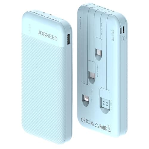 JOBNEED Ultra Slim Power Bank, 10000mAh Portable Charger with Built-in Cables, Compatible with iPhone, Type-C, Micro USB, Black White and Blue (Blue)