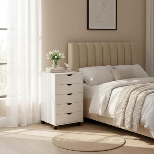 Naomi Home 5-Drawer Rolling Chest, White, Smart Storage with Metal Slide Glides & Smooth Wheels, Compact Space-Saver, Easy Assembly, Durable Engineered Wood