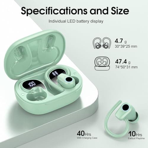 Wireless Earbuds, 2023 Bluetooth Headphones 5.3 Sport, 50H Ear buds with Earhooks, Dual LED DisplayBluetooth Earbuds, HD Stereo Noise Cancelling Headphones, IP7 Waterproof Running Earphones, Green 5