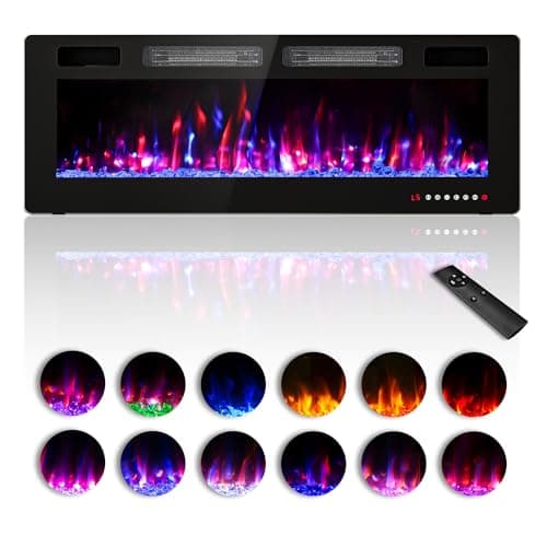 Zionheat 50 inches Electric Fireplace-Wall Fireplace for Living Room-Fireplace Freestanding/Inserts/Wall Mounted with Remote Control, Timer, Dimmer, 12 Flame Colors, 750/1500W, Ultra Thin