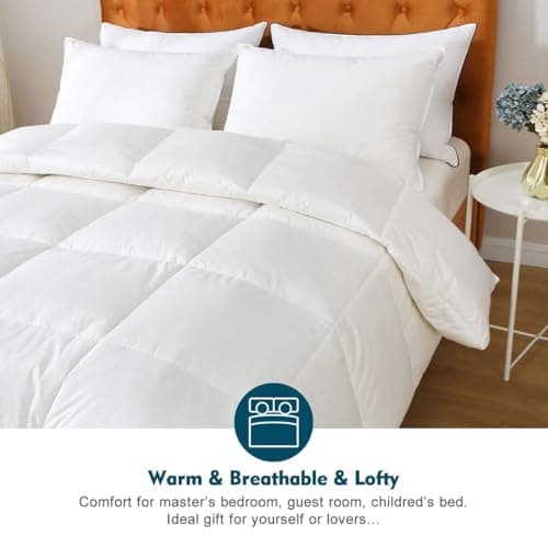 Oaken-Cat Feathers Down Comforter Queen - 100% Organic Cotton Cover, Medium Warm All Seasons Duvet Insert or Stand-Alone Comforter (90x90, Ivory White) 7