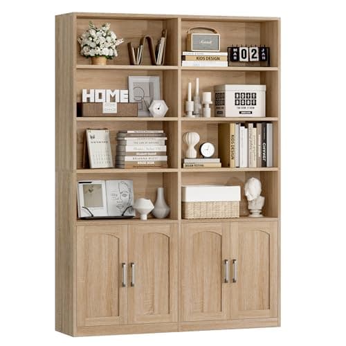 FACBOTALL Bookshelf and Bookcase with Doors, 6 Tier Double Wide Large Bookshelves, Open Display Shelves, 73'' Tall Bookshelf with Storage Cabinets for Home Office, Living Room, Library, Oak