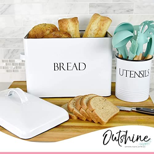 Vintage Metal Bread Bin - Countertop Space-Saving, Extra Large, High Capacity Bread Storage Box for your Kitchen - Holds 2 Loaves 13" x 10" x 7"- White with BREAD Lettering 5