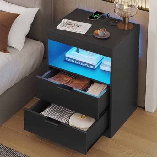 ADORNEVE LED Nightstand Black Nightstand with Wireless Charging Station 2 Drawers, Modern Bedroom End Side Table with LED Lights, Wooden Sofa Bedside Table with Pull-Out Shelf 7
