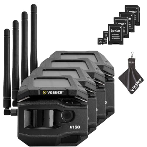 Vosker V150 Solar-Powered LTE Cellular Home Security Outdoor Camera | Motion Activated Sensor Nightvision Wireless Camera | Receive Photos on Your Mobile App with SD Cards and Cleaning Cloth (4PK)