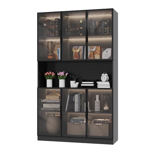 Mekminop Glass Doors Display Cabinet with Lights and Shelves, Storage Cabinets Morden Bookcase Trophy Case Display Cabinet with Hutch for Collectibles - Black (47.2 "W x 16.5 "D x 78.7 "H) 8