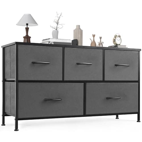 OLIXIS Dresser for Bedroom, 5 Storage Drawers, Wide Fabric Closet Chests Organizer Tower Furniture, TV Stand with Wooden Top Metal Frame for Clothes, Living Room, Hallway, Entryway, Classic Grey