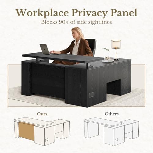 Perledesign 63 Inches L Shaped Standing Desk, Executive Standing Desk with Drawers and File Cabinet, AC/USB, 1.18" Desktop, Multi-Sized Storage Cubby, Privacy Panel, Rattan Computer Desk, Black 6