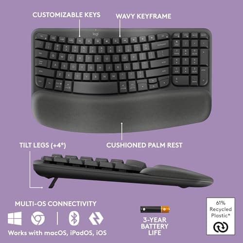 Logitech Wave Keys Wireless Ergonomic Keyboard with Cushioned Palm Rest, Comfortable Natural Typing, Easy-Switch, Bluetooth, Logi Bolt Receiver, for Multi-OS, Windows/Mac - Graphite 6