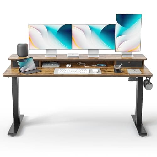 FEZIBO 60 x 24 Inch Height Adjustable Electric Standing Desk with Double Drawer, Stand up Home Office Computer Desk with 4 Height-Adjustable Feets & 2 Hooks, Rustic Brown