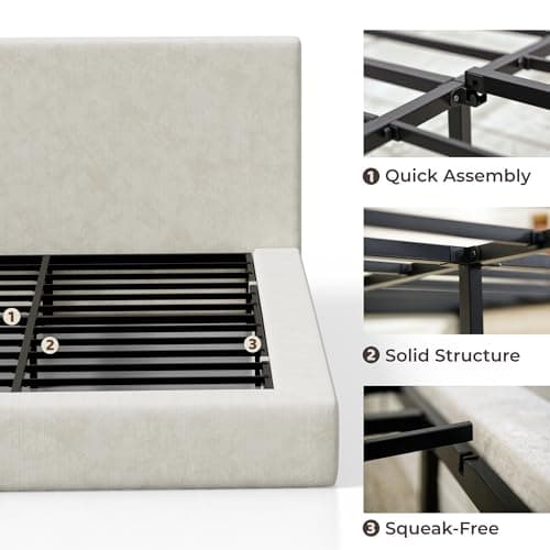 RECCI Cloud Upholstered Queen Bed Frame with Headboard, 5 Inch Foam Padded Platform, No Box Spring, Easy Assembly(Cream) 5