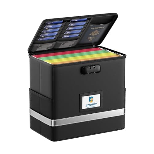 ZOOPIP Fireproof File Box with Lock, Document Box Storage Organizer, Suitable for Hanging File Folders in Letter Size, Collapsible File Box, Reflective Strip for Fast Find (12.2"*6"*10.2, Black)