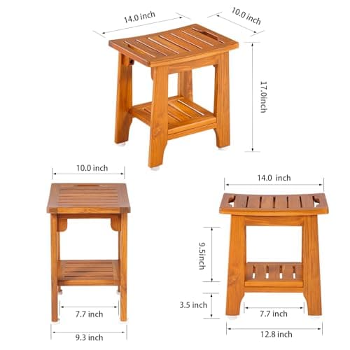 14" Compact Teak Shower Stool with Shelf & Handle - Waterproof, Non-Slip Bath Bench for Small Bathrooms/Tub/Outdoor Use, 300 lbs Capacity (Patented) 6