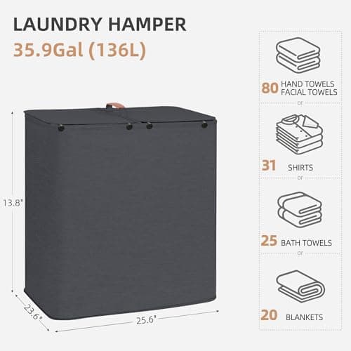 STORAGE MANIAC Double Laundry Hamper, 136L Laundry Sorter with Lid and Removable Bags, Clothes Hamper, Large 2 Section Clothes Basket with Handles for Small Space, Dorm, Closet, Bathroom, Black 5