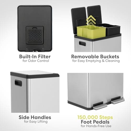 Simpli-Magic 16 Gallon (60L) Step Trash Can – Dual Compartment Kitchen Garbage Can with Waste & Recycling Bins – Slow-Close Lid, Odor Control, Hands-Free, Inner Bases, Premium Stainless Steel 6