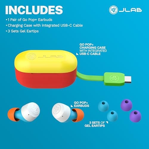 JLab Go Pop+ True Wireless Bluetooth Earbuds & Charging Case - Confetti, App Support, Dual Connect, IPX4 Sweat Resistance, Bluetooth 5 Connection, 3 EQ Sound Settings Signature, Balanced, Bass Boost 7