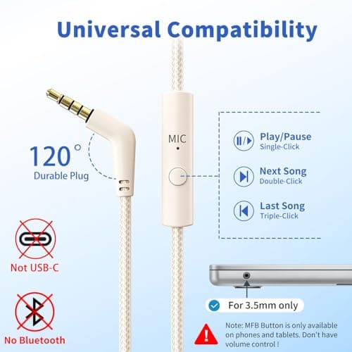 Botesty Sound Headphones Wired with Microphone, Over Ear Foldable 3.5mm Plug in Headphones Corded with 4.9ft Tangle-Free Nylon Cord for Tablet, Laptop, MP3/4, School, Airplane Travel (Beige) 5
