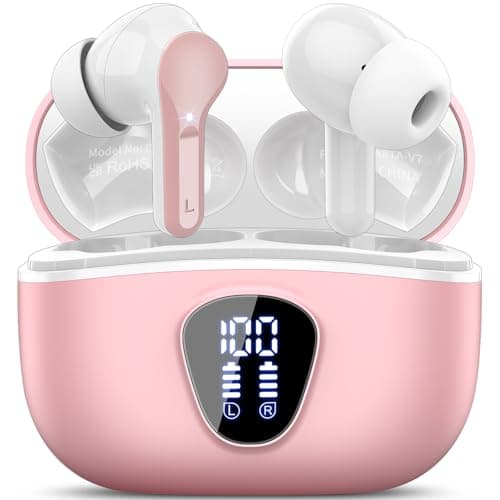 Wireless Earbuds, Bluetooth 5.4 Headphones HiFi Stereo, Bluetooth Earbuds with ENC Noise Cancelling Mic, IP7 Waterproof in Ear Earphones, 48H, LED Display Ear buds for Pad Phone Workout Sports, Pink