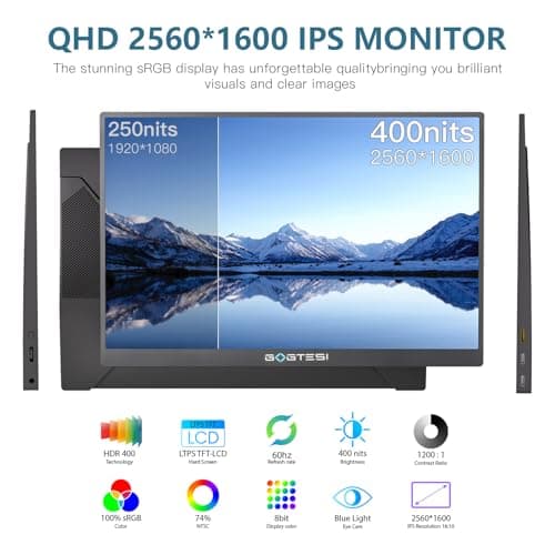 gogtesi 16 Inch Portable Monitor, 2.5K 60HZ 2560×1600 Office Portable Monitor QHD IPS Ultra Bright Eye Care with Matte Screen for PC, MAC, Phone, Switch, PS, Xbox with USB-C & HDMI 6