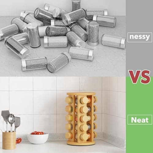 New England Stories Revolving Spice Rack Set with 20 Spice Jars, Kitchen Spice Tower Organizer for Countertop or Cabinet - Carousel Storage Includes 386 Spice Labels (Bamboo) 2