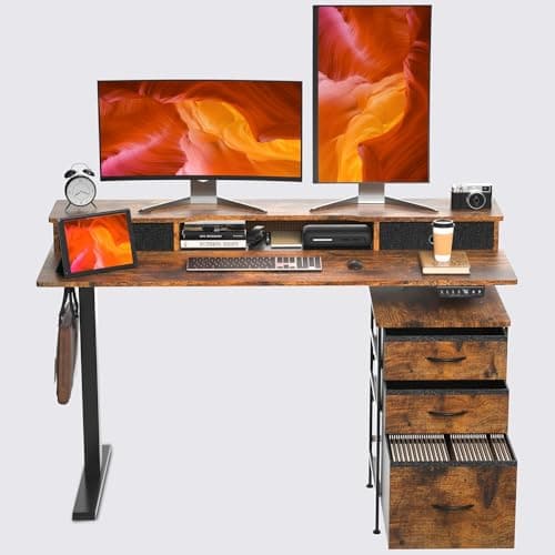 REGISDESK 55" Electric Standing Desk with Cabinet & Drawers, Height Adjustable Sit Stand Table with Monitor Shelf, Smart Home Office Standing Computer Desk, Rustic Brown