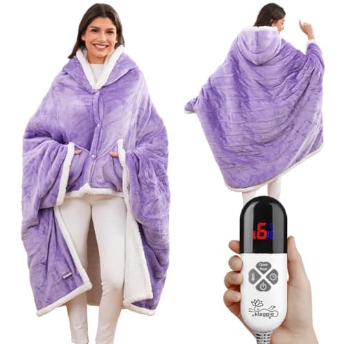 Klaggie Heated Shawl Wraps for Women, Wearable Heated Throw Blanket, Electric Heated Wrap Poncho with Pockets,6 Heating Levels 4 Hours Auto-Off, Overheat Protection Machine Washable, 50”x64”, Purple